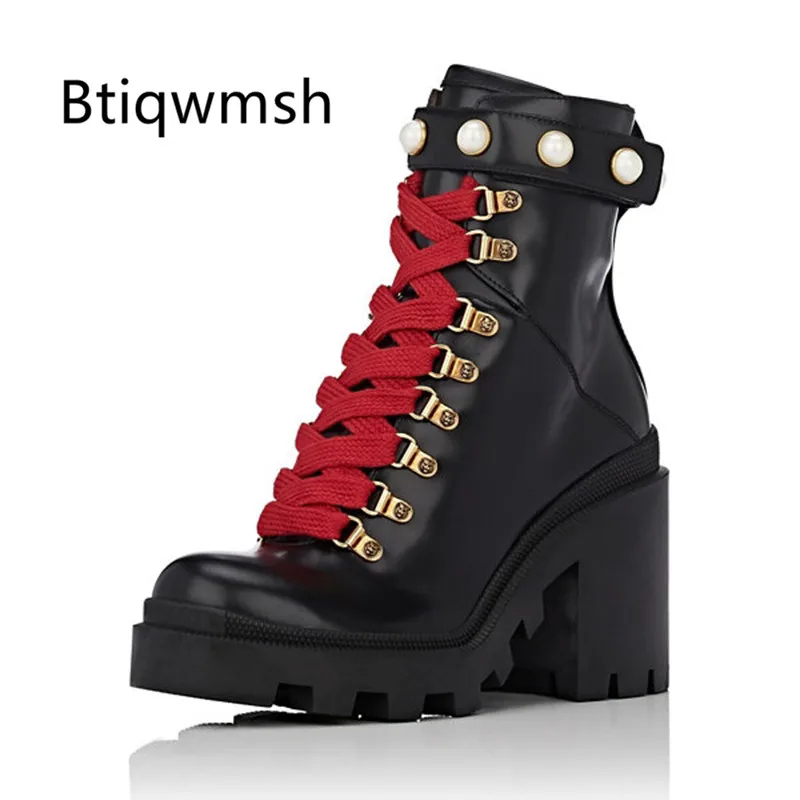 

2019 Black Cow Leather Ankle Boots Women Round Toe Pearl Rivet Decor Lace Up High Heels Shoes Woman Fashion Military Boots