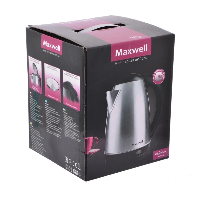 Чайник электрический Maxwell MW-1055 ST (Мощность 2200 Вт, объем 1.8 л, материал - сталь, вращение 360°, отсек для хранения шнура)
