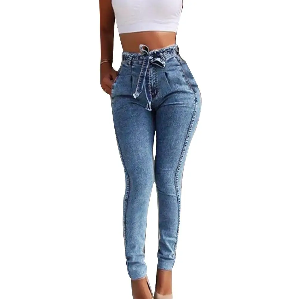 2019 Fashion Plus Size Fashion Belted High Waist Skinny Jeans Women Stretch Denim Long Pants