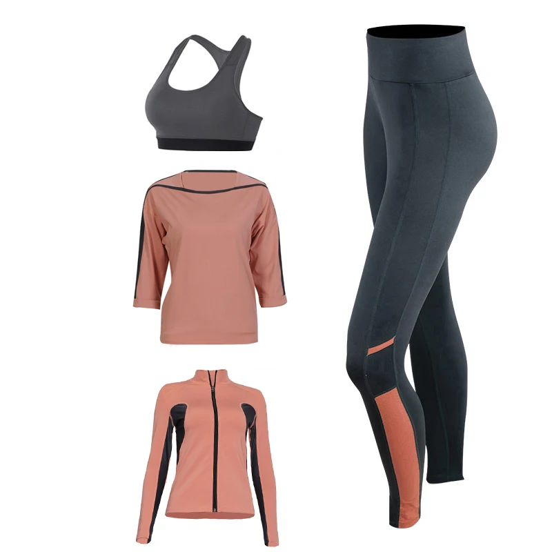 

Women Sports Suit Yoga Set Solid Color Long Sleeve Zipper Jacket+Shirt+Bra+Pantss Fitness Women Sportswear Workout Clothes