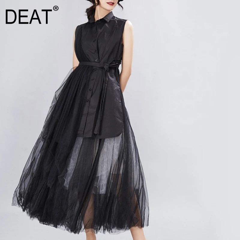 

[DEAT] 2019 New Spring Summer Lapel Sleeveless Black Loose Irregular Mesh Split Joint Loose Shirt Women Blouse Fashion JX335