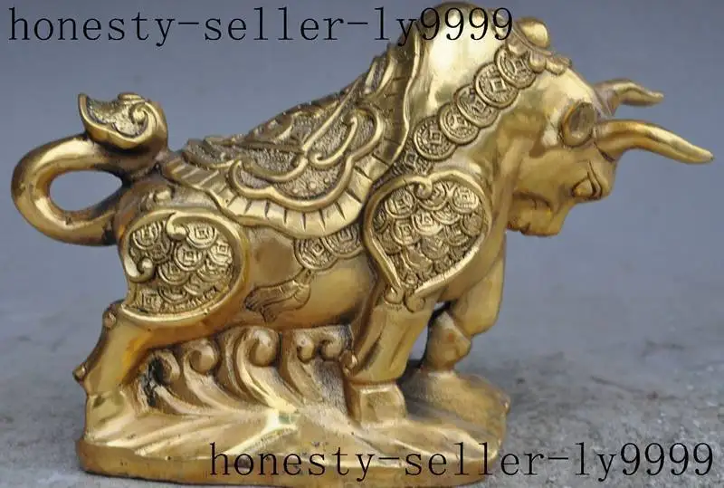 

Crafts statue chinese brass wealth money coin ruyi animal zodiac Ox bull Cattle lucky statue halloween