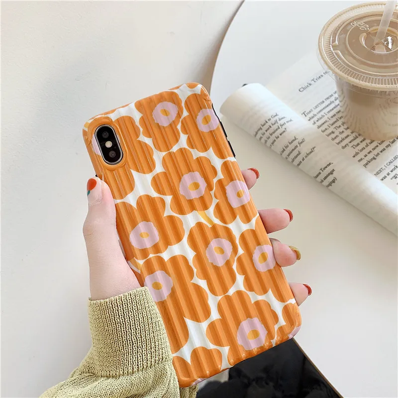 

Curved orange flowers suitcase phone case for iPhone X XS MAX XR 6 6s 7/8plus simple stripe phone case shatter-resistant sleeve
