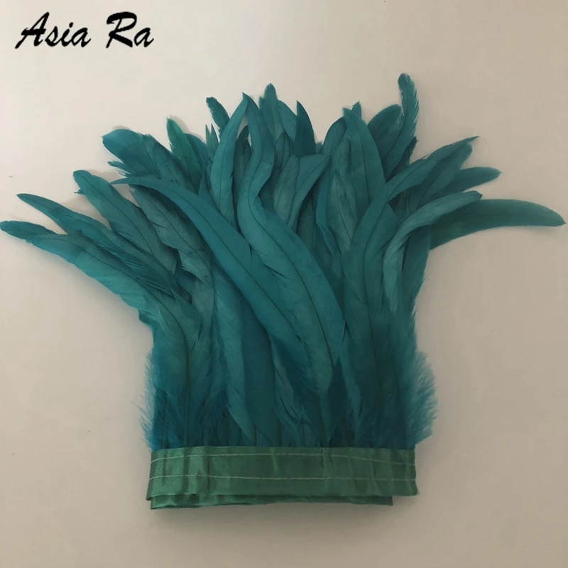 

10 Meters Per lot Peacock Blue Dyed high quality cock tails Feather trims 20-25cm diy feather belt lace shawls wedding decorate