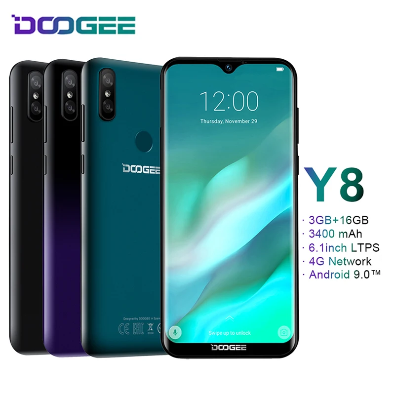 DOOGEE Y8 Android 9.0 FDD LTE 6.1inch 19:9 Waterdrop LTPS Screen Smartphone MTK6739 3GB RAM 16GB ROM 3400mAh Dual SIM 8.0MP NEW