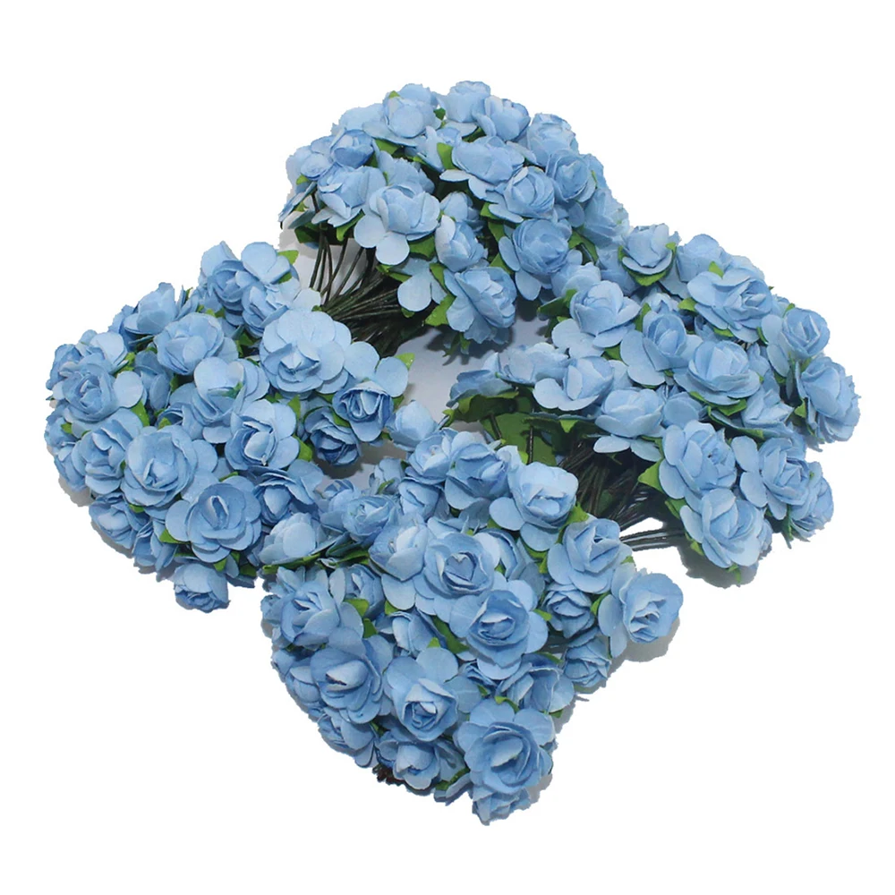 144 шт. мини бумажный букет роз Свадебные украшения дома аксессуары Diy Рождественский венок подарки искусственные цветы для скрапбукинга - Цвет: Light blue