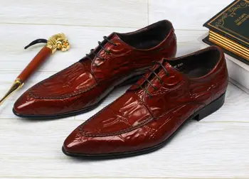 

Handmade Dress Shoes Men Lace Genuine Leather Smart Casual Work Shoes Pleated Alligator Pattern Luxury Pointed Toes Derby Shoe