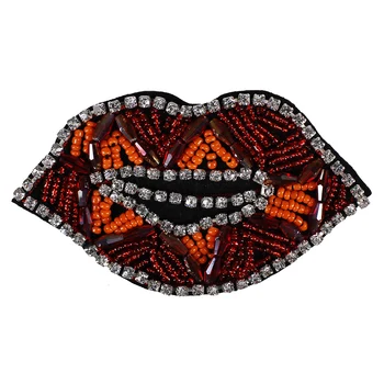 

10pieces Handmade Beaded Crystal Motifs Red Mouth Fabric Patches Motif Badge Applique for Shoes T-shirt Decorated Sewing TH883