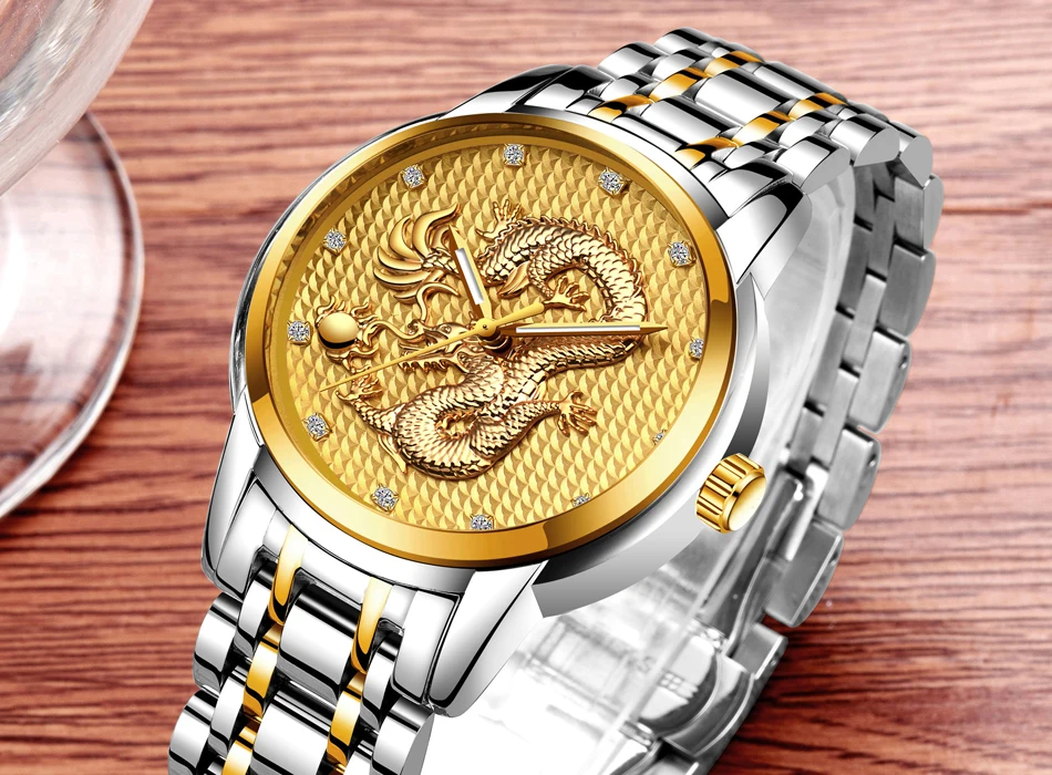 2021 LIGE New Golden Mens Watches Top Brand Luxury Chinese Dragon Watch Business Full Steel Quartz Clock Male Relogio Masculino