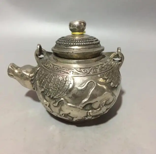 

China collection archaize white copper cattle head teapot craft statue