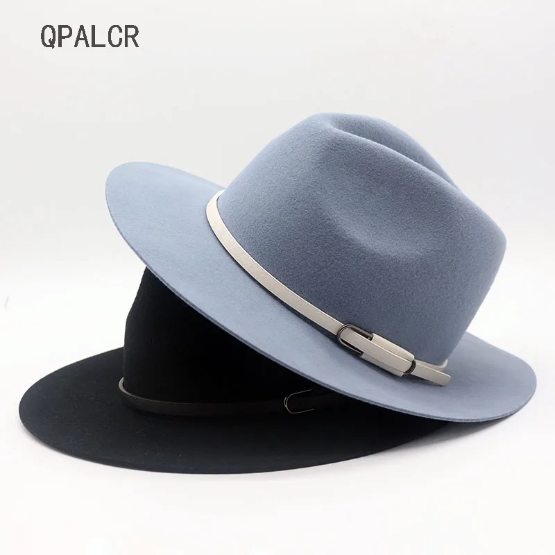 Skup QPALCR wysokiej jakości wełny kapelusze kapelusz klasyczny pas szerokie rondo Jazz kapelusze dla kobiet wełniane dla mężczyzn kapelusze filcowe jesień zima kościół czapki