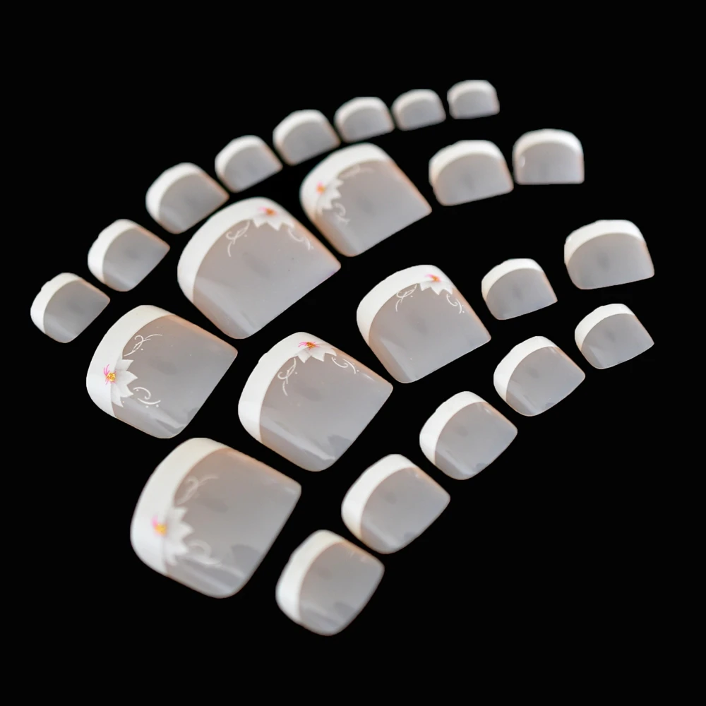 

Swirl Flower French Toes nails White Natural Pink Fake Nails for Toes Decoration Tips 24Pcs