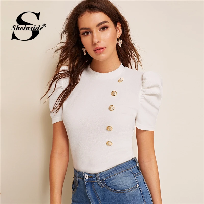 Sheinside Mock-neck Puff Sleeve Button Front top blouse White женские летние топы Slim Fit элегантные женские офисные блузки