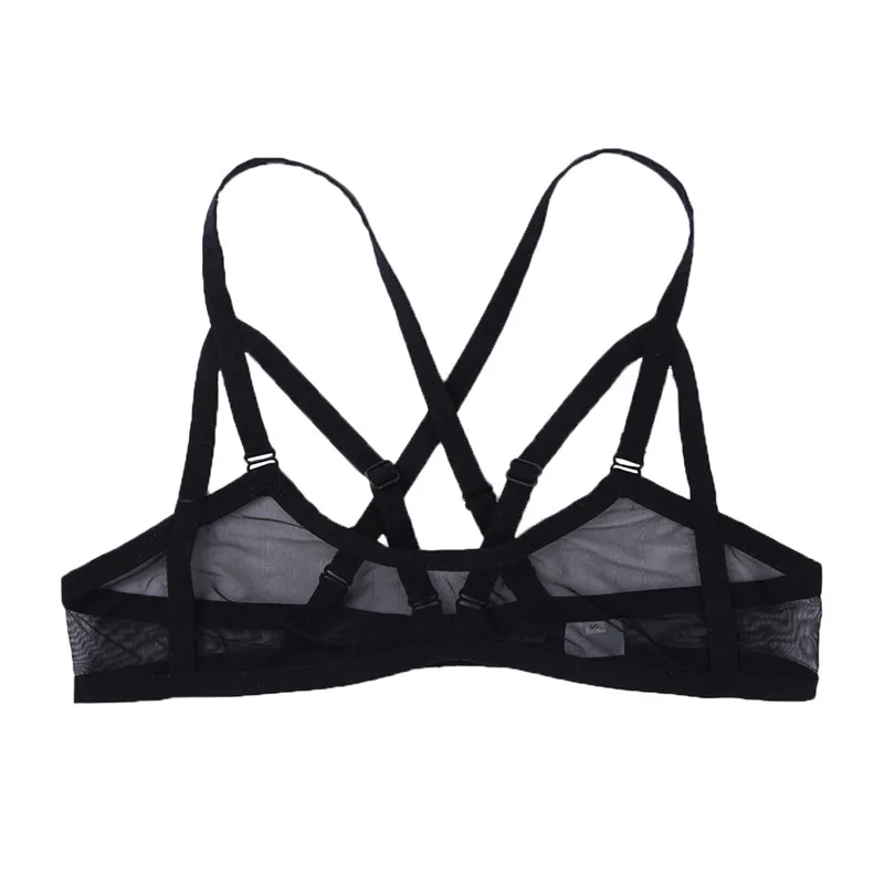 

Womens Wire-free Sexy Lingerie Soft Mesh See Through Adjustable Spaghetti Shoulder Straps Back CrossNo Pad Bondage Bra Top