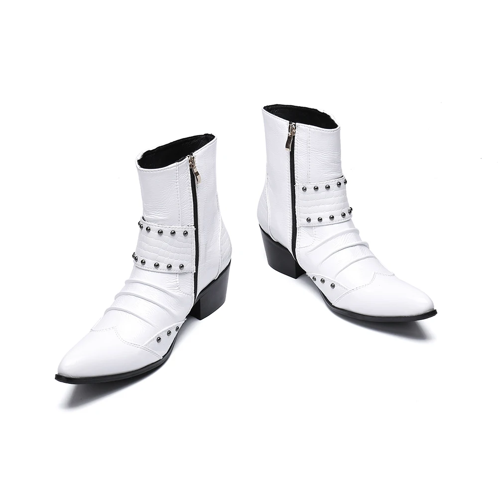 Christia Bella/модные белые мужские ботинки из натуральной кожи; мужские ботильоны с пряжкой и заклепками; мужские ковбойские ботинки с острым носком размера плюс