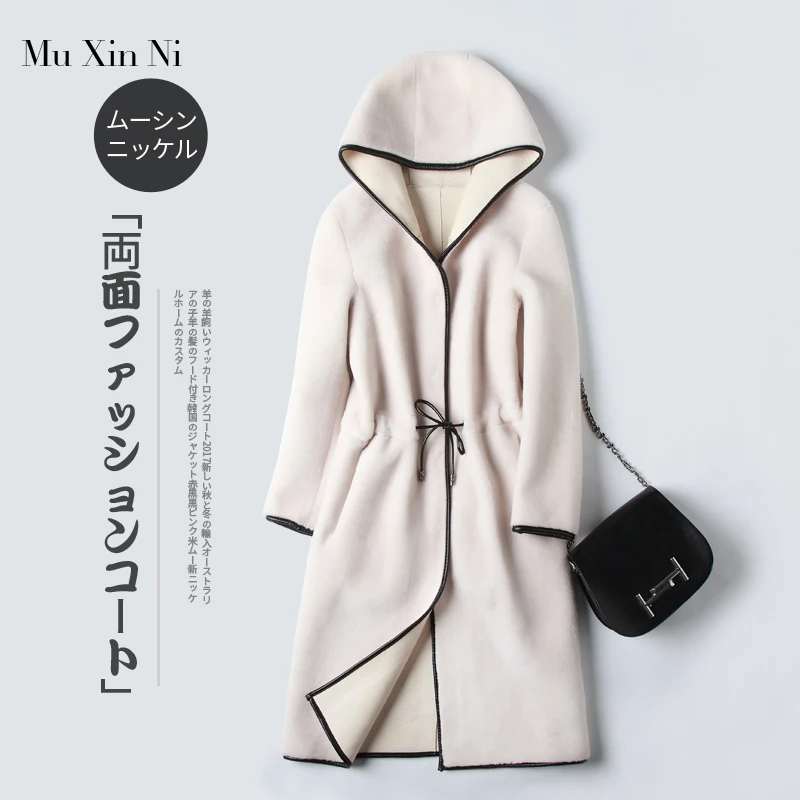 Duoupa Real Fur Coat Sheep Shearing Fur Lamb Fur Coats 2018 Winter Coat Women Wool Jacket Hooded Tops PU Lining Long Korean Tops