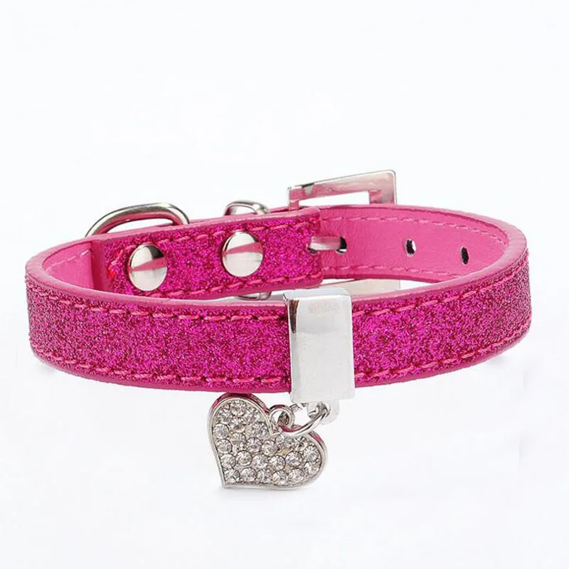 

Shiny Glitter Pu Leather Dog Collar Bling Rhinestone Heart Diamond Pendant Puppy Cat Choker Necklaces Moda mascota gato perro