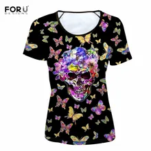 FORUDESIGNS/женская футболка в стиле Харадзюку, футболка с бабочкой и черепом, женские футболки, женские футболки с коротким рукавом, женские футболки