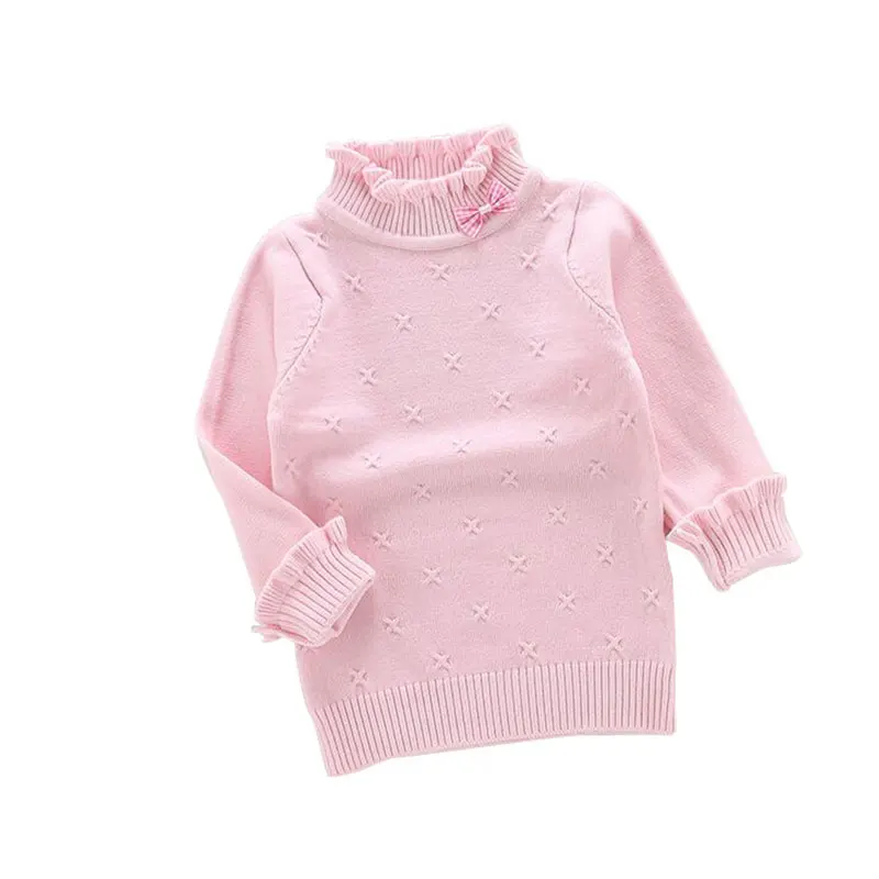 Sweet Cute Female Baby Knit Sweater Solid Color Children's Thin Sweater Lace Collar Bow Children's Sweater - Цвет: Розовый