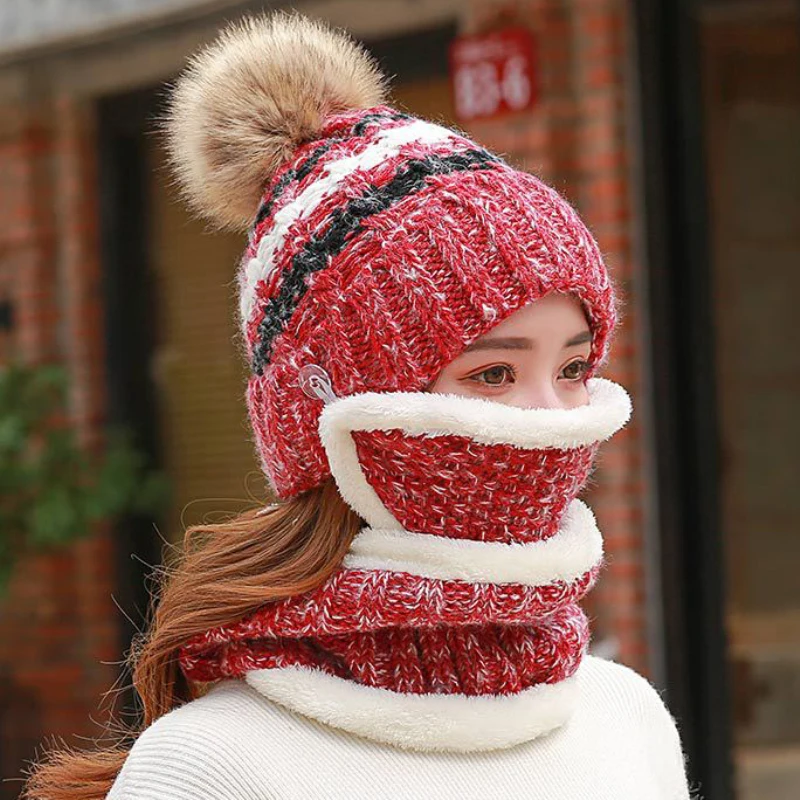 

HT2137 Knitted Winter Mask Hat Scarf Set Women Thick Pompom Beanies Ring Scarf Warm Wool Winter Accessories for Women Winter Set