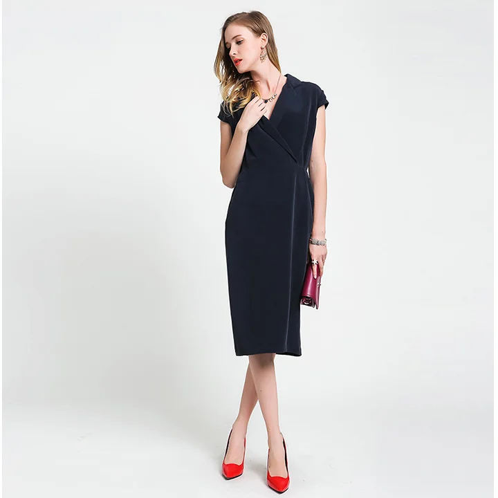 VOA осеннее Модное темно-синее тяжелое шелковое офисное женское тонкое платье карандаш с v-образным вырезом размера плюс вечерние женские платья A6059