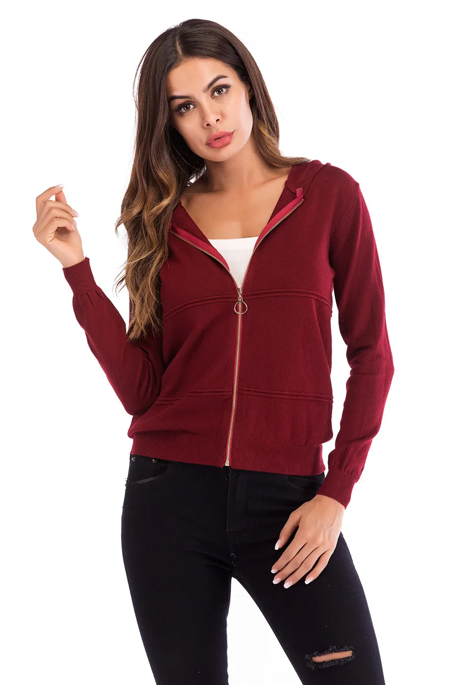 Gladiolus 2018 Knitted Women Autumn Coat Long Sleeve Winter Red Slim Zipper Hooded Women Jacket Fashion Ladies Coats Outerwear (27)