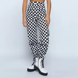 Женские брюки в стиле хип-хоп готические черно-белые клетчатые спортивные штаны с цепочкой, уличные брюки, повседневные штаны с высокой