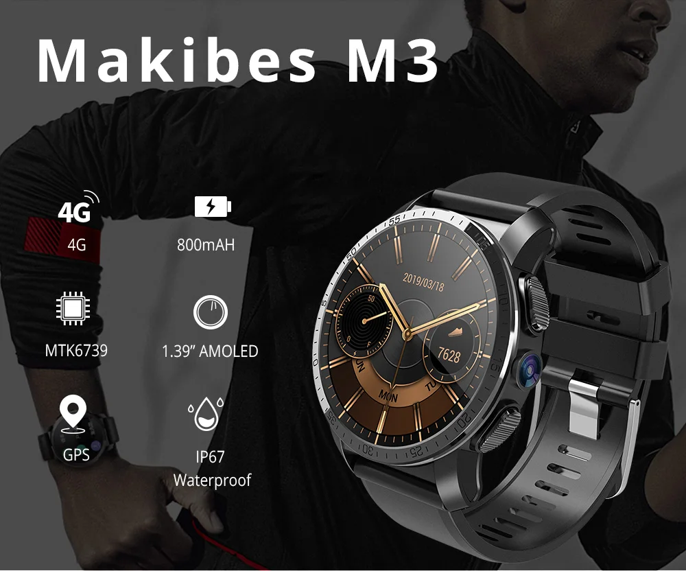 Makibes M3 Pro, 4G MT6739+ NRF52840, два чипа, 3 ГБ, 32 ГБ, Смарт-часы, телефон, Android 7,1, камера 8 Мп, GPS, 800 мА/ч, ответ на вызов, SIM, TF карта