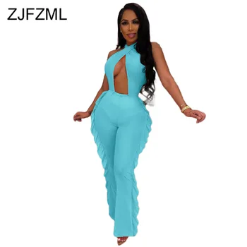 

Off Shoulder Summer Beach Overalls Women Mesh Patchwork Side Ruffles Bandage Romper Sexy Hollow Out Backless One Piece Jumpsuit