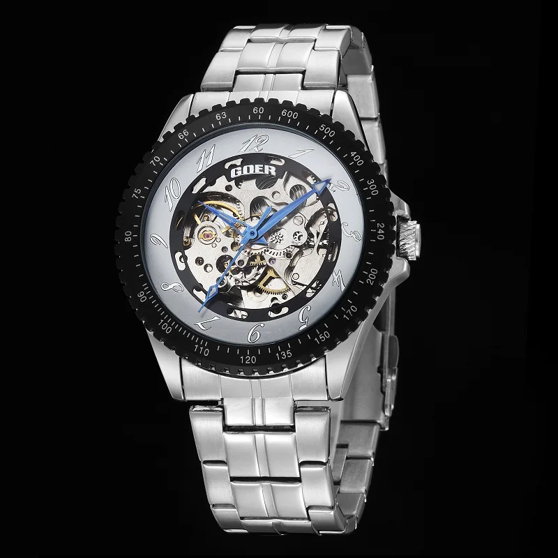 GOER brand male Automatic Luminous Skeleton digital Man watches Men s sports Mechanical Wrist watch Stainless