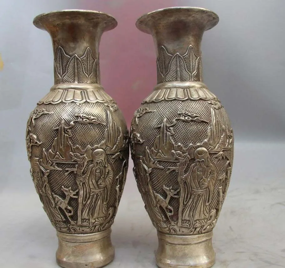 

China White Copper Silver Bamboo Peache Fu Lu Shou Buddha Bottle Pot Vase Pair