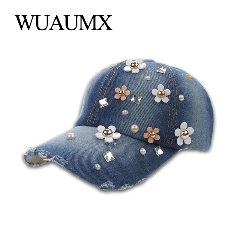 

Wuaumx Rhinestones Women's Baseball Caps Handmade Floral Hat For Girls Crystal Cap Curved Peak Visor Hip Hop Snapback Cap Female