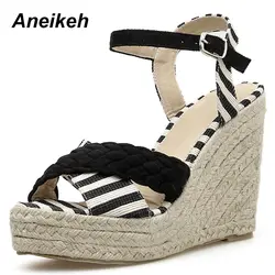 Aneikeh/Новые модные сандалии на танкетке, новинка 2019 года, летние римские сандалии, женские туфли на высоком каблуке, с открытым носком, на