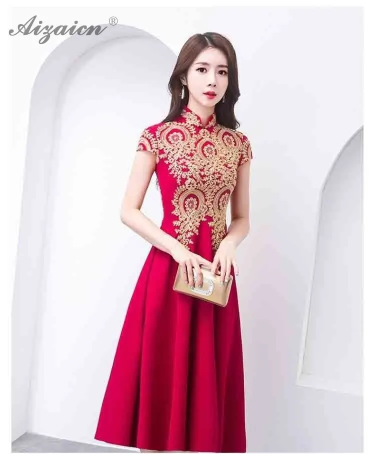 Novia moda corto rojo Cheongsam vestido bordado flor Qi Pao mujeres chino tradicional ropa Qipao Восточный vestidos de boda