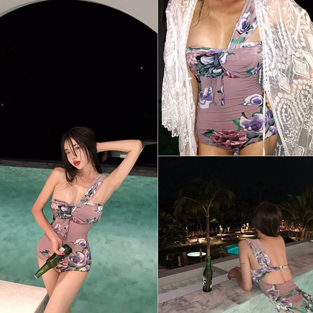 Sexy Floral Print One-Piece Swimsuit Women Slim Sling Strap Halter Pleated One-Shoulder Siamese Triangle Swimsuit Bikinis set