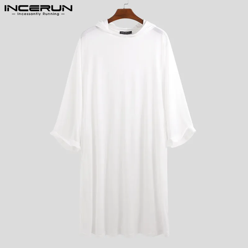 INCERUN Muslim Clothing Islamic Kaftan Robes Men Hooded Solid Clothes Long Sleeve Loose Men Jubba Thobe Saudi Arabia Kaftan