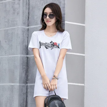 

Hot Sale New 2020 Women Summer High Street Fashion Beading Split O Neck Letter Printing Long T Shirt Tops Ladies Plus Size Shirt