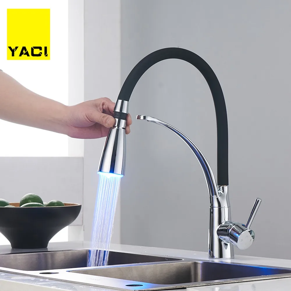 

YACI 133 LED Kitchen Faucets Black tube Mixer Faucet for Kitchen Single Handle Pull Down Deck Mounted Crane for Sinks