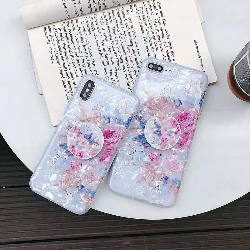 Fashion  Conch Shell Phone Case for iphone XS Max XR X 6 6S 7 8 Plus Back Cover Expanding Stand Holder Bracket Flower Case Coque (12)