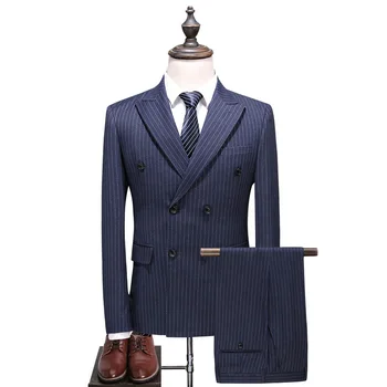 

Men's 2019 New Suit Business Casual Korean Version of the Self-cultivation Suit Double-breasted Striped Three-piece Suit