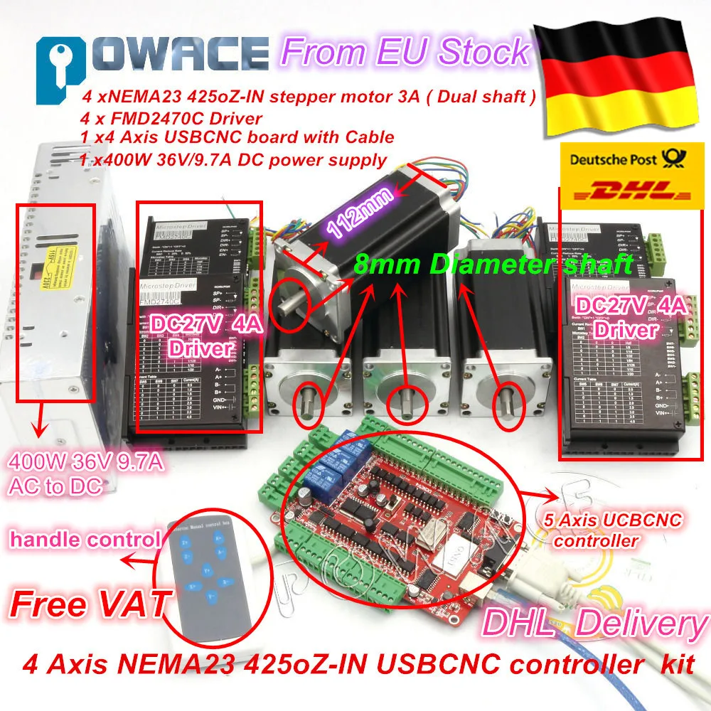 

EU Ship / EU free VAT 4 aixs USBCNC NEMA23 425oz-in,112mm,3A (Dual shaft ) stepper motor CNC kit for Milling machine