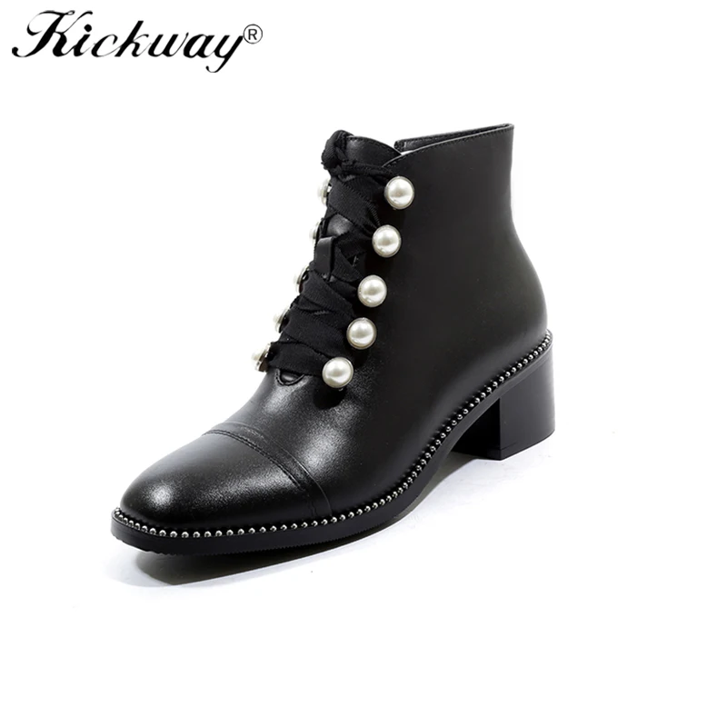 

Kickway Cow Leather Rivets Booties Punk Gothic Buckle Straps Square heel Ankle Boots Studded Decorated Motorcycle Boots Woman