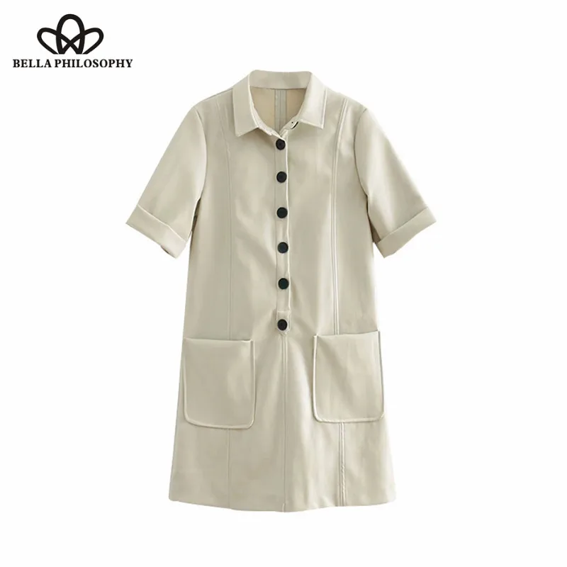 Wonder 2018 autumn Vintage Buttons Pockets Faux PU Leather Mini Dress Lapel Collar Short Sleeve Dresses Casual Vestidos Mujer