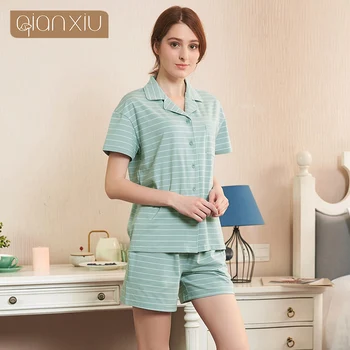 

2020 Summer Female Casual Striped Pajama sets Ladies Cotton Sleepwear suit Women Turn-down Collar Short Sleeve shirt &Shorts XXL