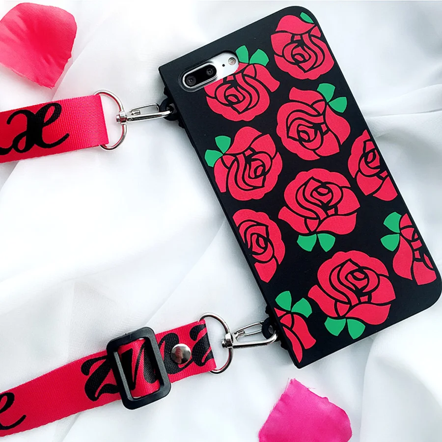 

Ritozcase 3d Rose Case For iPhone X 7 8 Plus Cover fashion soft silicon with shoulder strap cases For iPhone 6 6s plus Capa Coqu