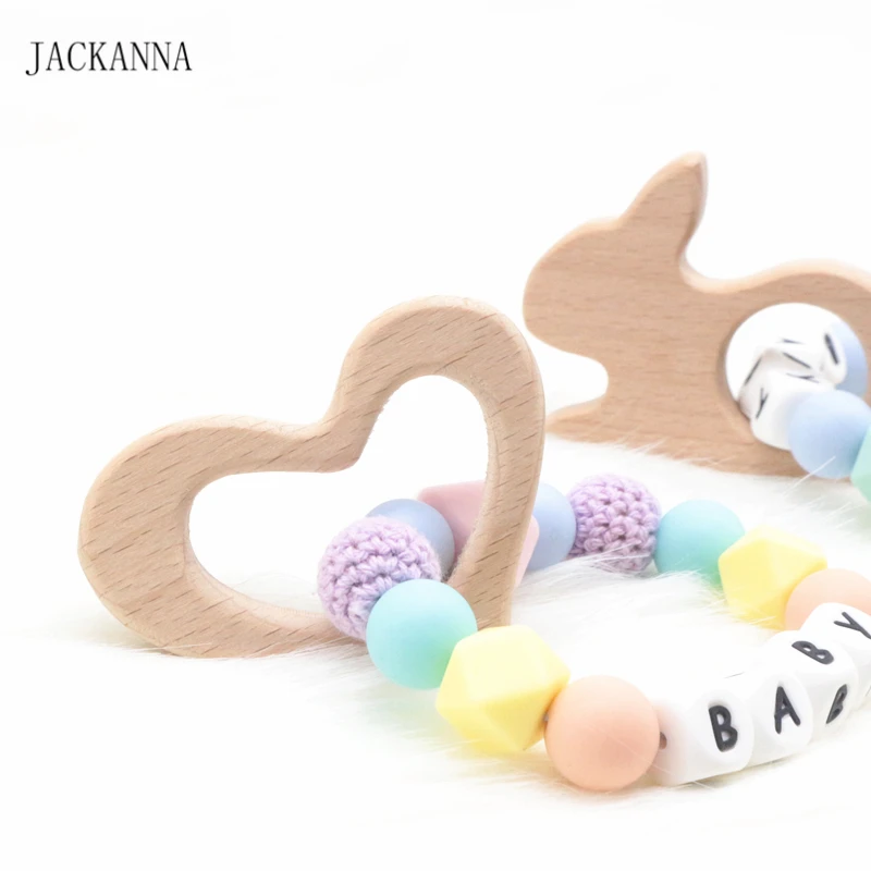 Деревянный браслет для прорезывающихся Зубов Силиконовые Бусины персонализированное имя кролик из дерева слон погремушка игрушка Прорезыватель жевательный браслет подарок для кормления