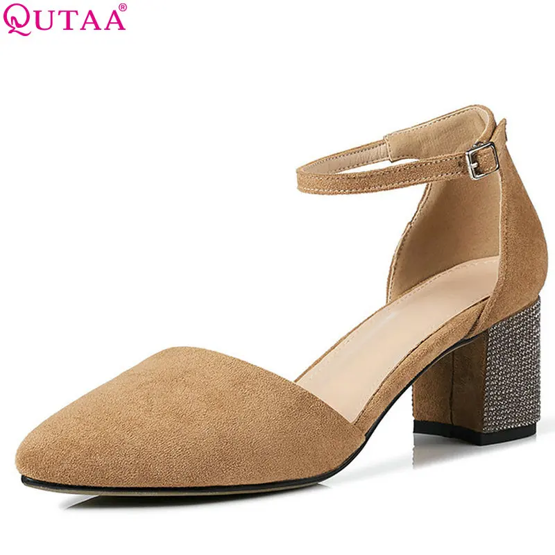 

QUTAA 2018 Women Pumps Two Piece Fashion Women Shoes Platform Elegant Flock Square High Heel Pointed Toe Women Pumps Size 34-43