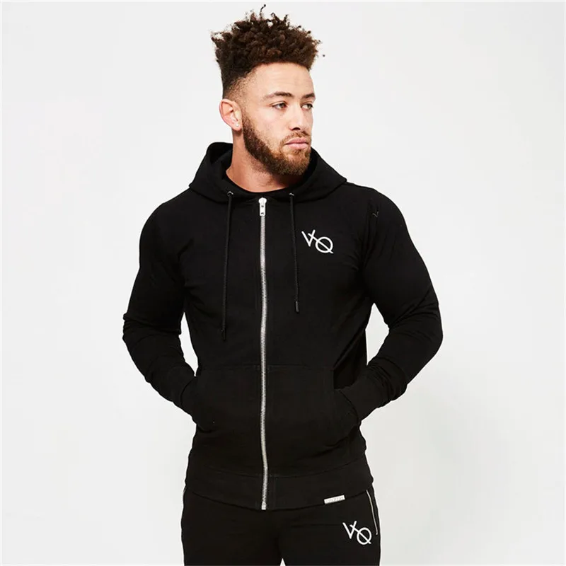 

Men Hoodies Sweatshirts Long Sleeve Solid Color VQ Casual Hooded Gyms Fitness Bodybuilding Fashion Hoody Zipper Brand Clothing