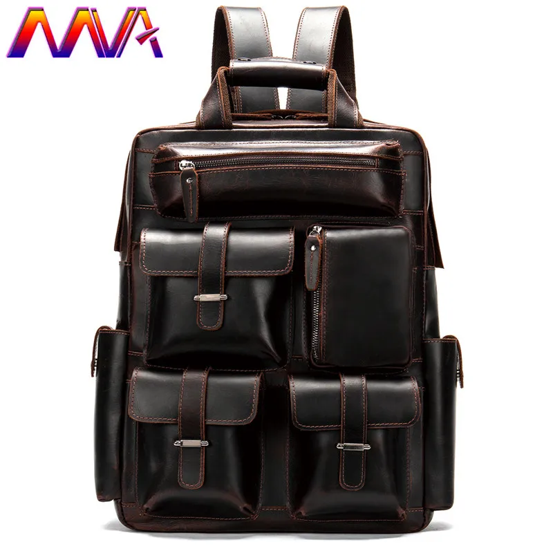 

MVA Crazy Horse Men`s Leather Backpack Fashion Men Travel Backpack 14 Inch Laptop Computer Travel Bag Men`s Leather Casual Bag