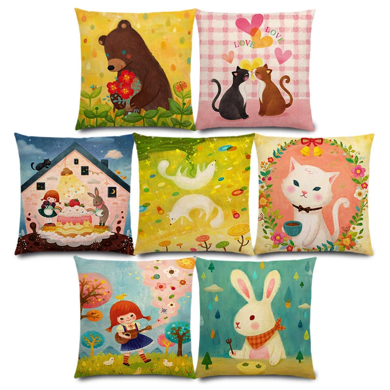 New Cute Cartoon Animals Lovely Girl Happy Family Party Rabbit Elephant  Bear Cat Fox Pig Cushion Cover Sofa Pillow Case|Cushion Cover| - AliExpress